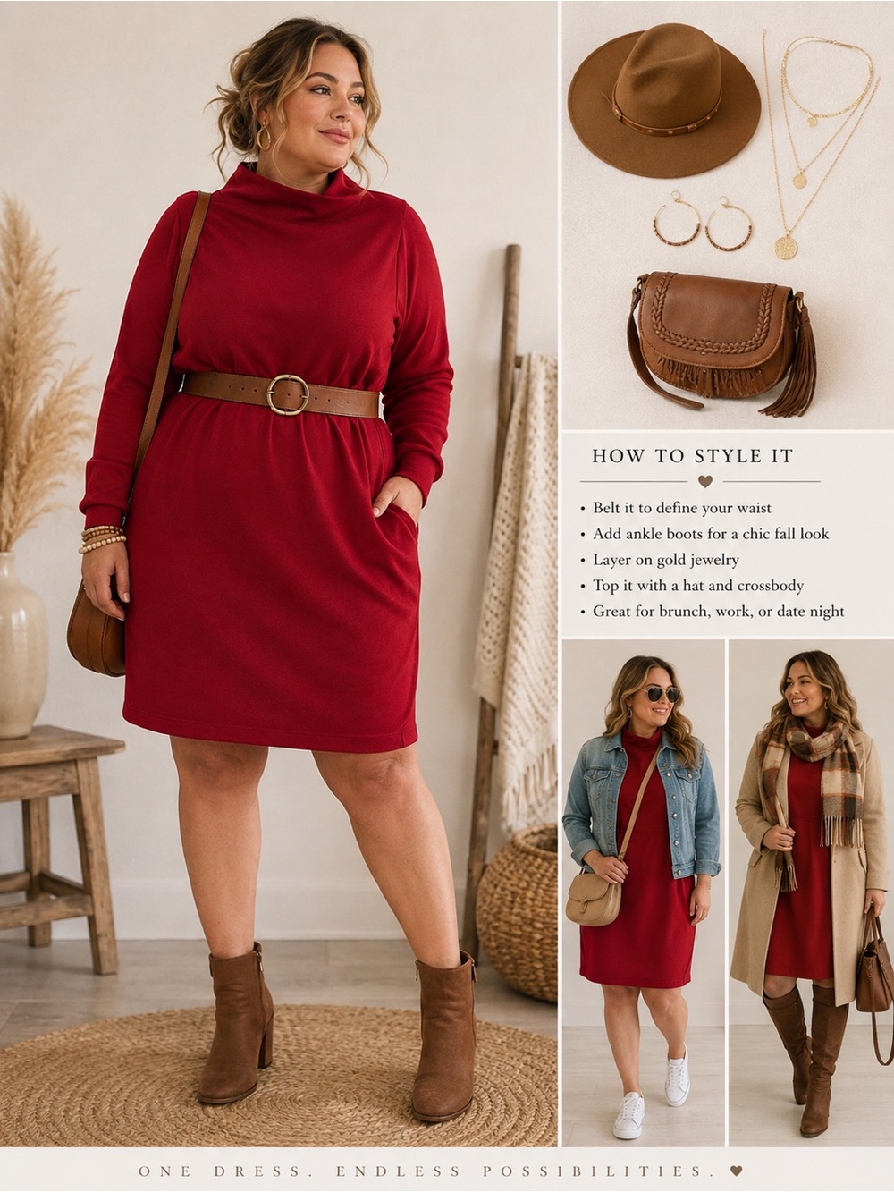 Athleta Cozy Karma Mock Neck Sweatshirt‎ Dress Red Size 1X Plus Pockets